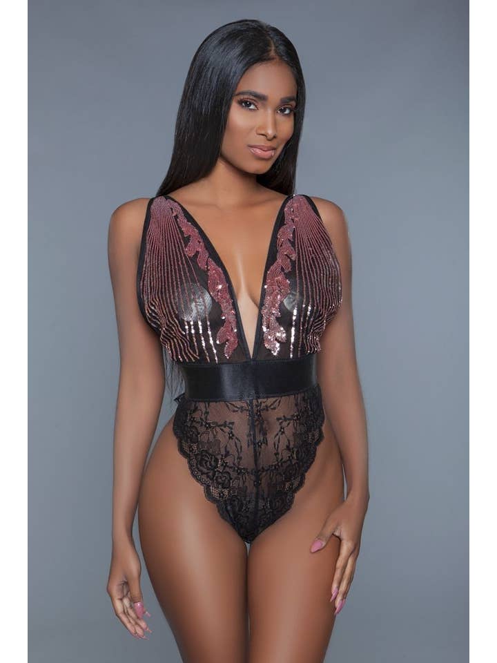 CC Wholesale Clothing - Wholesale Lingerie Bodysuit - Women's - 1 Pc. Cut-Out Lace Bottoms with Raspberry-Pink Sequins