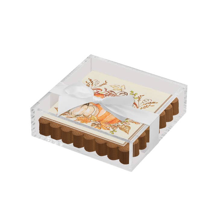 Sophistiplate - Wholesale Napkin Holder - Acrylic Napkin Tray, clear with Guest Towel - Turkey & Gourds