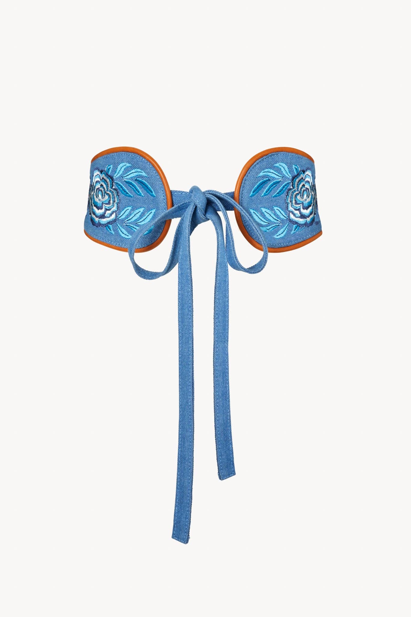 Rose Embroidery Belt Denim/Antique Tan for wholesale on Faire1