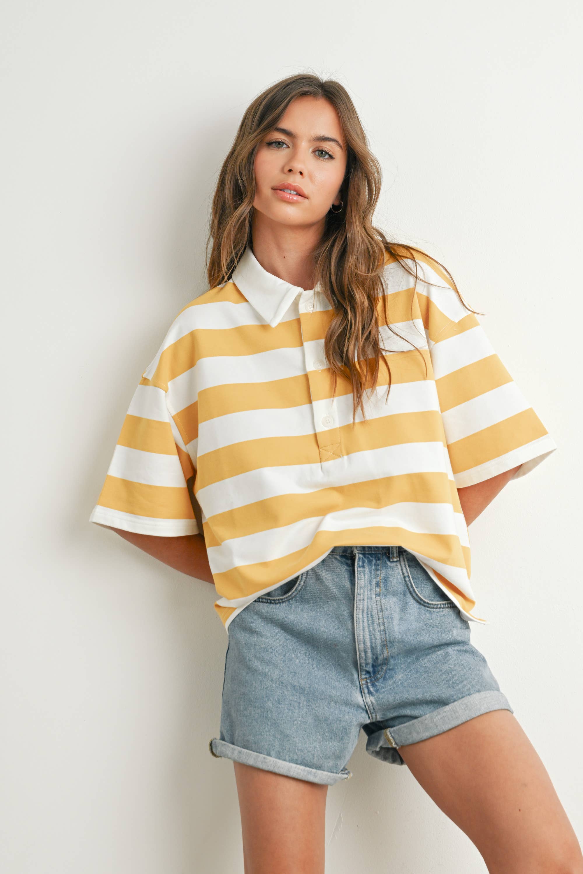 BUTTERMELON - Wholesale Polo - Women's - Striped Oversized Polo Shirt - BMT771017