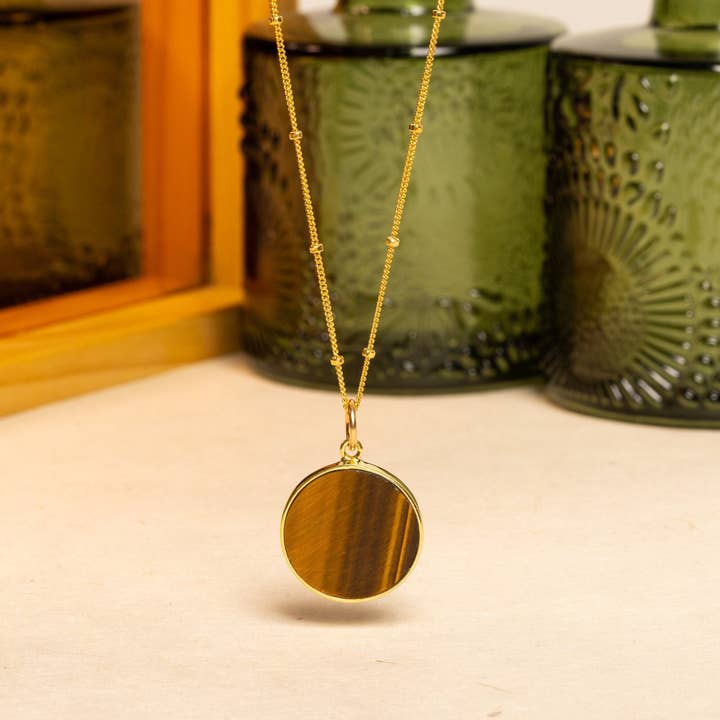 Tiger's Eye Circle Pendant Necklace (Satellite Chain) for wholesale by Soul & Little Rose