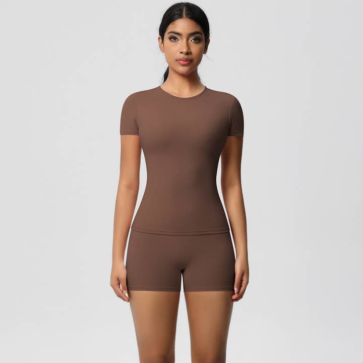 Sodalemon – wholesale Activewear set – Women′s – Women Yoga Set: Quick Dry Breathable Short Sleeve + Shorts