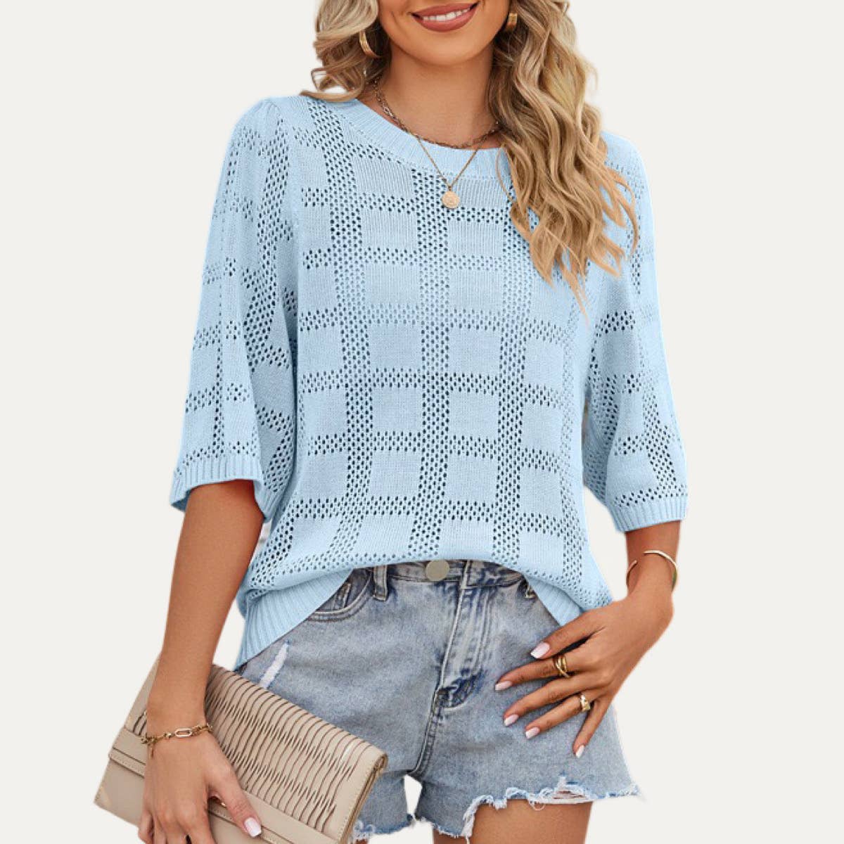 The Moment Collection - Wholesale Gebreide top - Dames - Mooie gebreide Pointelle top met geruite patroon en korte mouwen3