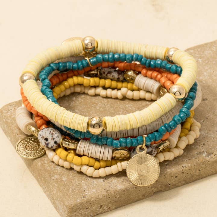 Stone And Coin Charms Mixed Beaded Bracelet Set for wholesale by Anarchy Street