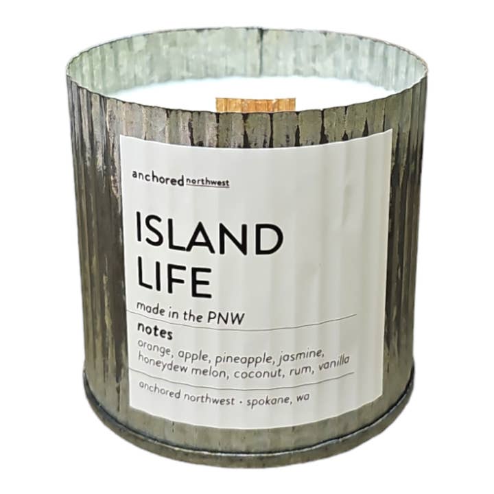 Island Life Rustic Vintage Farmhouse Wood Wick Candle for wholesale by Anchored Northwest