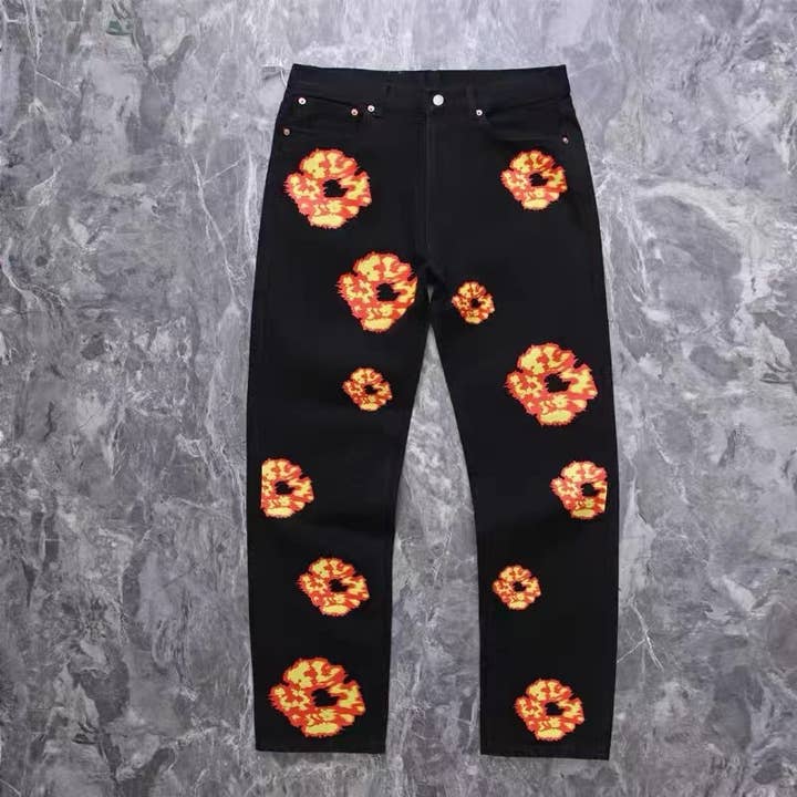 Tourtiwi - Wholesale Jeans - Men's - Flame Kapok Print Jeans Couples Unisex Trousers Straight1