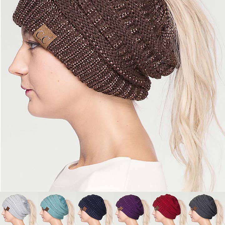 Hana – wholesale Beanie – Women's – C.C Metallic Messy Bun Ponytail Beanie14