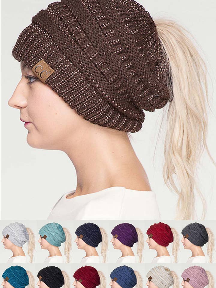 C.C Metallic Messy Bun Ponytail Beanie for wholesale by Hana