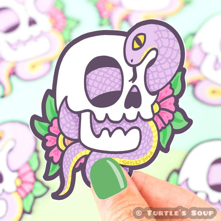 Adesivo in vinile a forma di teschio di serpente con motivo floreale scuro per la vendita all'ingrosso da parte di Turtle's Soup