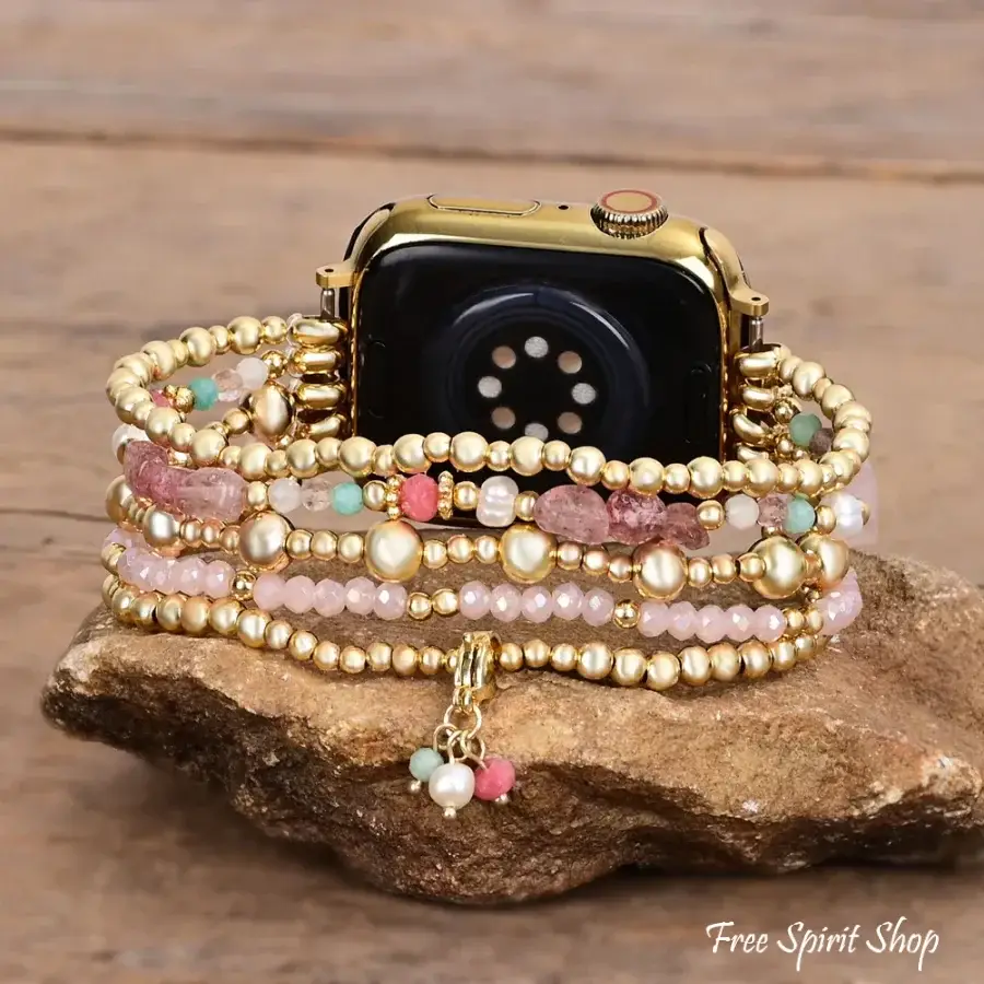 Free Spirit Shop - Wholesale Watch Band/Strap - Women's - Rose Quartz Beaded Apple Watch Band with Clover Charm2