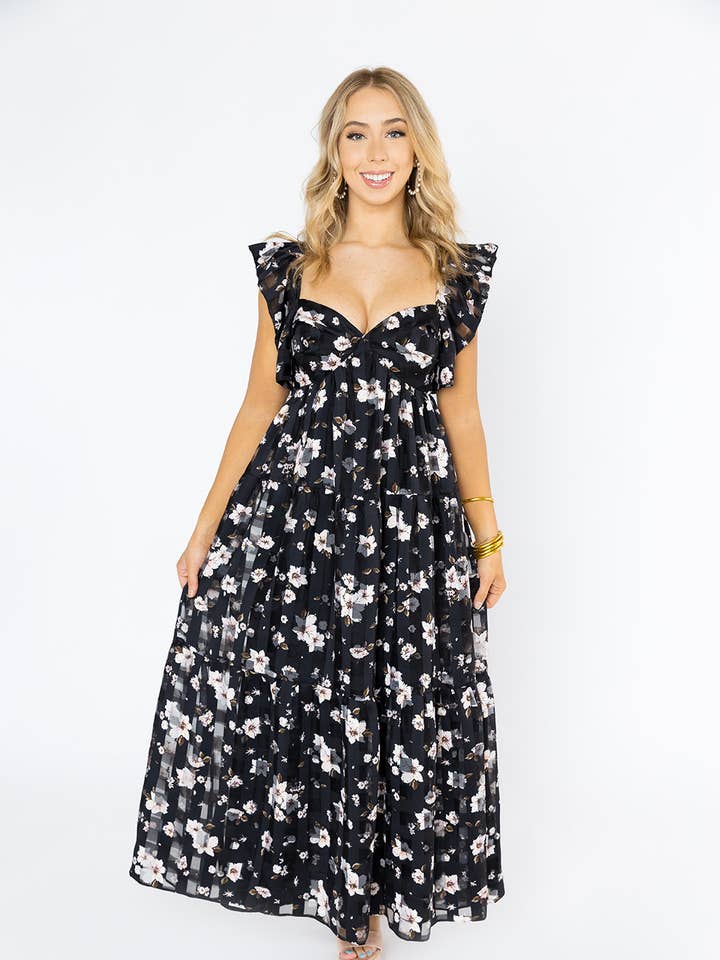 Lilly Flower Basket Maxikleid mit Blumenmuster, schwarz-weiß für den Großhandel von BuddyLove