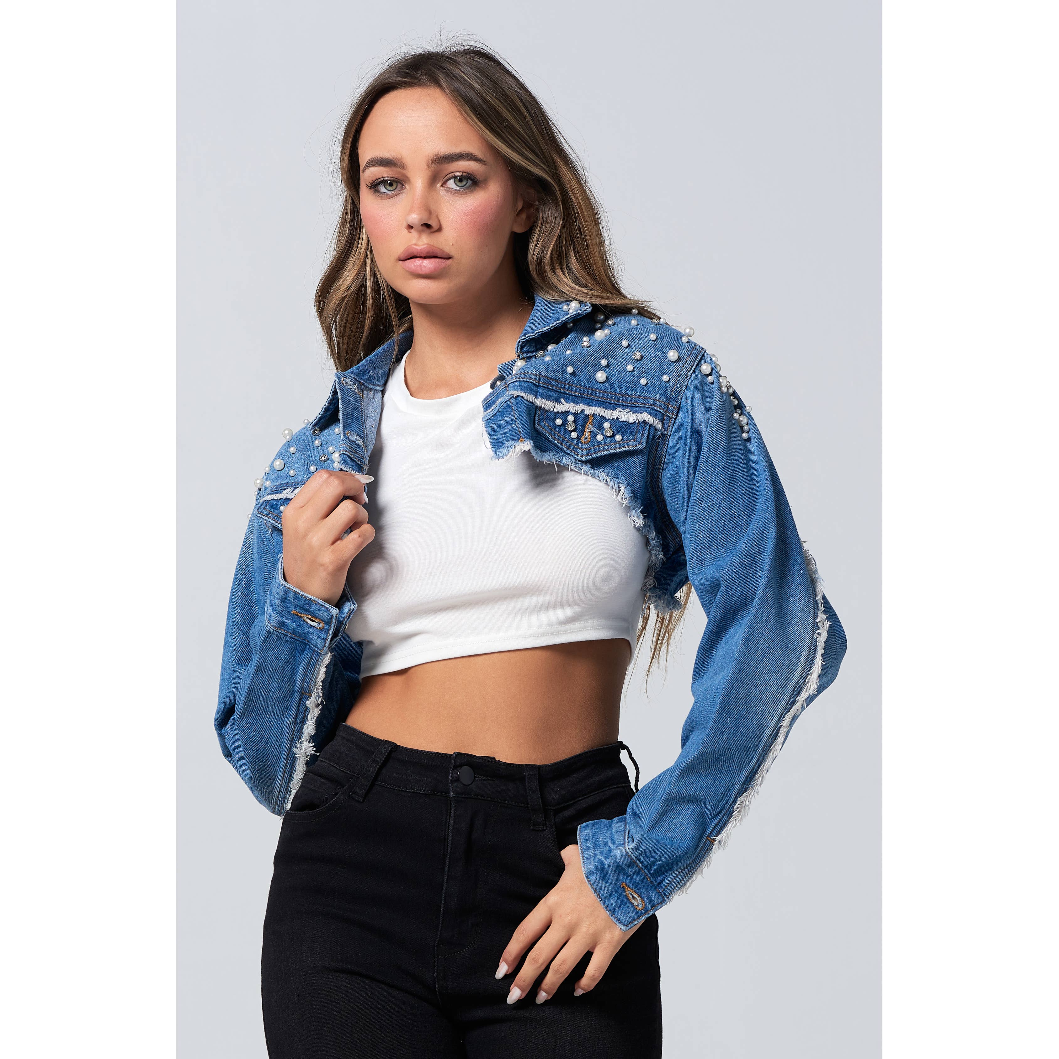 ★G-CUT★ Diamond Pattern Cropped Denim Jacket_Light Blue 72 TEXAS BOUND RHINESTONE FRINGE PEARL CROP DENIM JACKET WITH