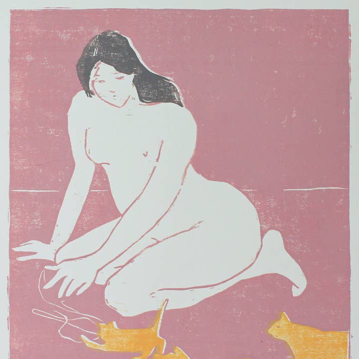 Mujer con gato naranja: impresión en madera única para venta al por mayor de Michelle Farro Studio