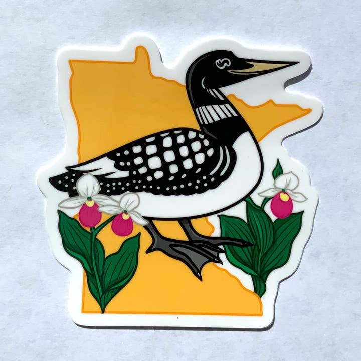 Sticker: Minnesota state Common Loon & Lady Slipper for wholesale by Thruhalia's Art