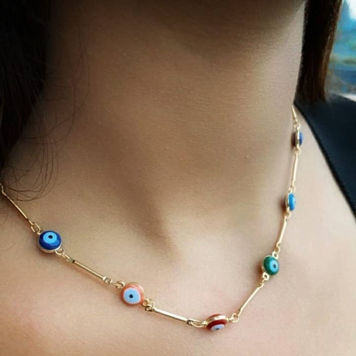 Flerfarvet Guld og Sølv Onde Øje Amulet Choker Beskyttelses Halskæde for engroshandel hos The Colourful Aura