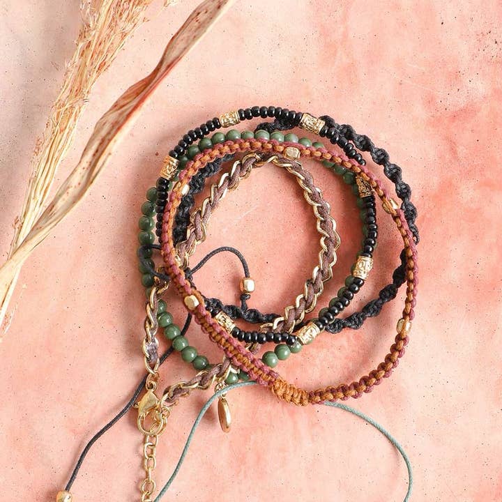 Leto Accessories - Wholesale Jewelry Set - Stackable Bead and Woven Cord Bracelet - Cute & Trendy