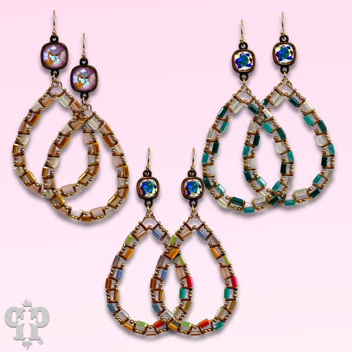Iridescent finish bead teardrop earring with Austrian crystal for wholesale by Pink Panache Brands