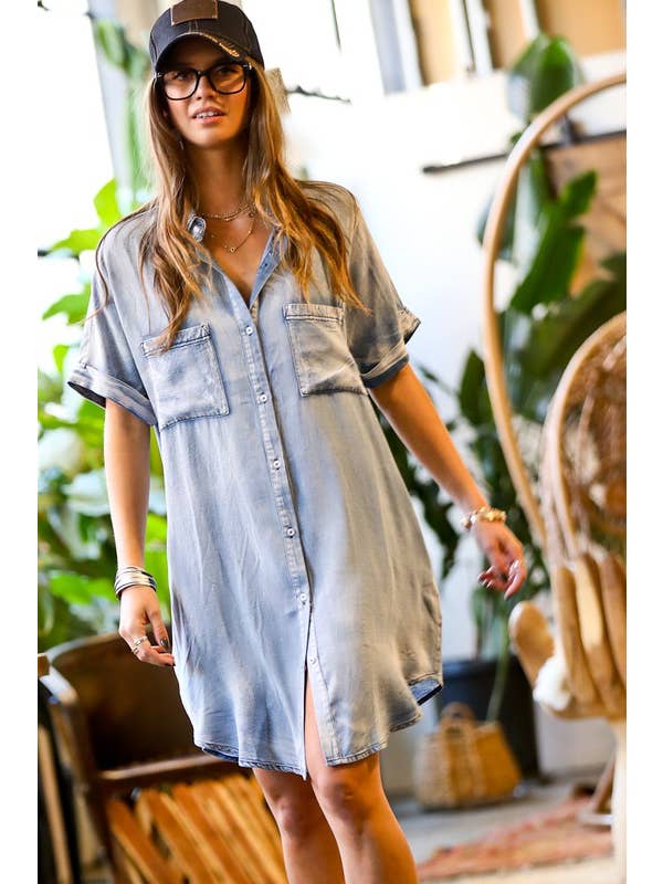 MK3369 Short sleeve front button down denim shirt dress for wholesale on Faire