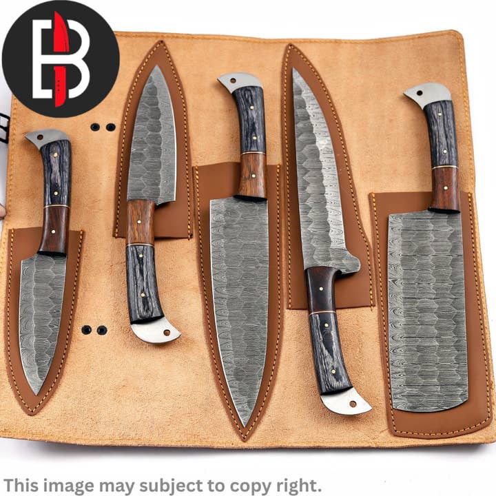 Bravohandicrafts - Wholesale Knife Set - Damascus Steel Chef Set Handmade BBQ Kitchen Knives 5 Pcs US6