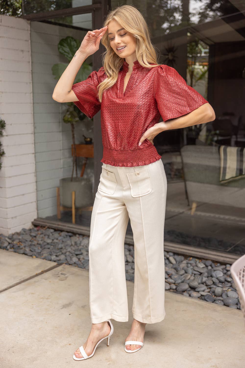 VOY - Wholesale Blouse - Women's - 35926 Smocked Hem and Solid Textured Top8