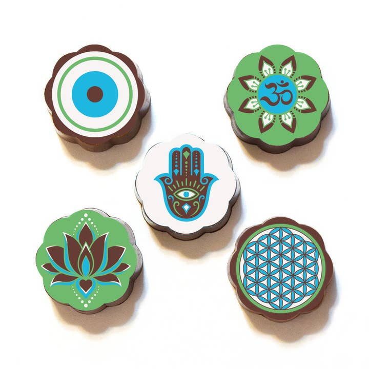 Hamsa, Eye, Lotus, Namaste, Mandala Chocolate Caramels for wholesale by Chouquette