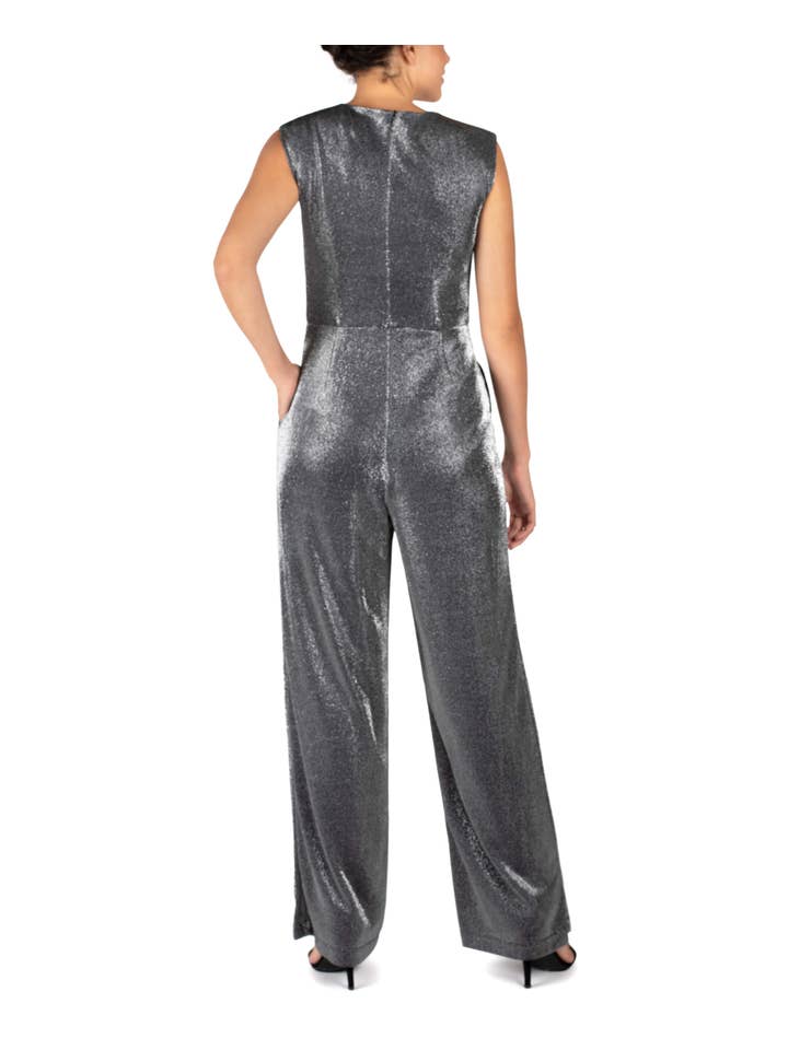 GUNMETAL SHORT SLEEVE PLEATED TOP METALLIC JUMPSUIT for wholesale on Faire2