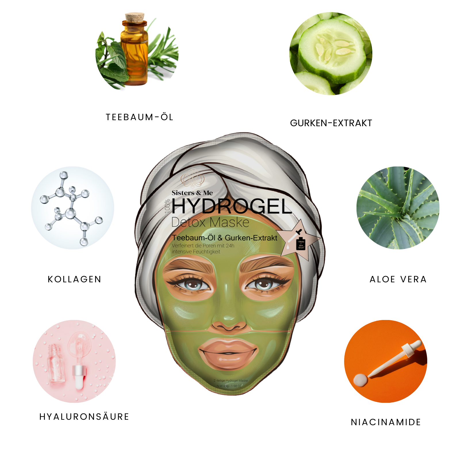 Sisters & Me GmbH - Wholesale Skincare Face Mask - 5X HYDROGEL DETOX MASK WITH TEA TREE OIL & CUCUMBER EXTRACT5