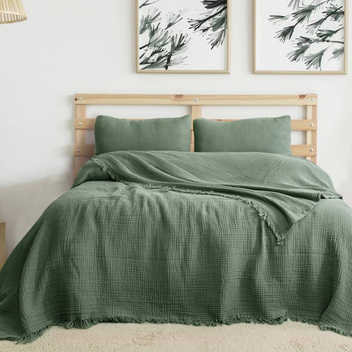 Organic Muslin Blanket, GOTS Certified Forest Green Cotton Throw, Lightweight Breathable Bedspread, Eco Friendly Bedding for wholesale by Naturloom