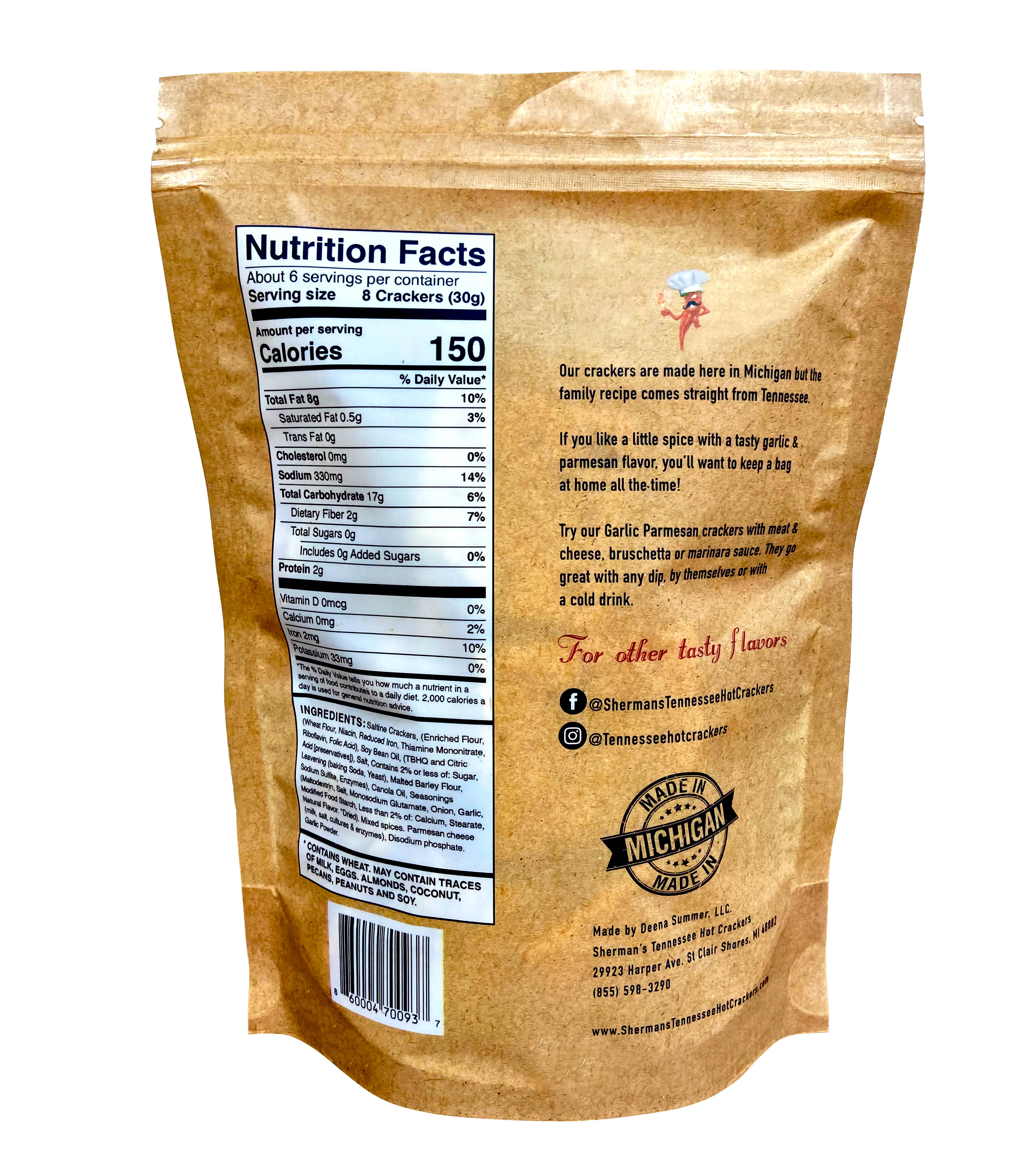 Sherman's Tennessee Hot Crackers - Wholesale Crackers - Sherman's Tennessee Hot Crackers, Garlic Parmesan Flavor 30 6