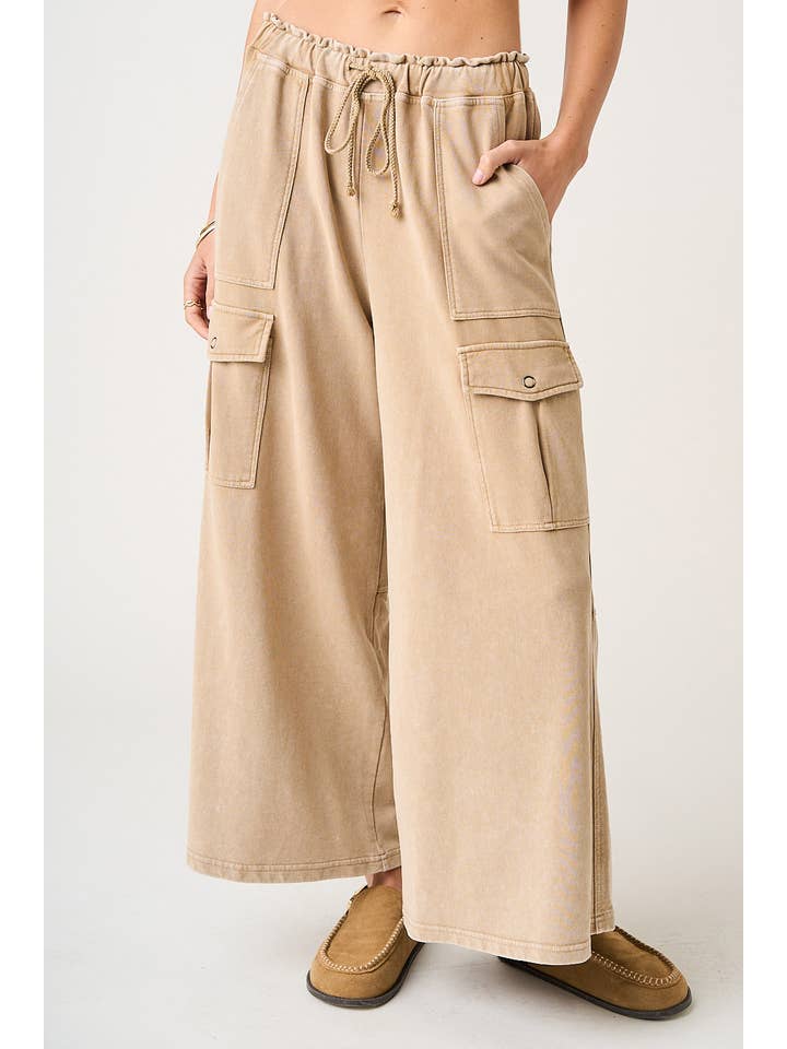 mittoshop - Wholesale Pants - Women's - WASHED FRENCH TERRY CARGO ELASTIC WAIST WIDE LEG PANTS11