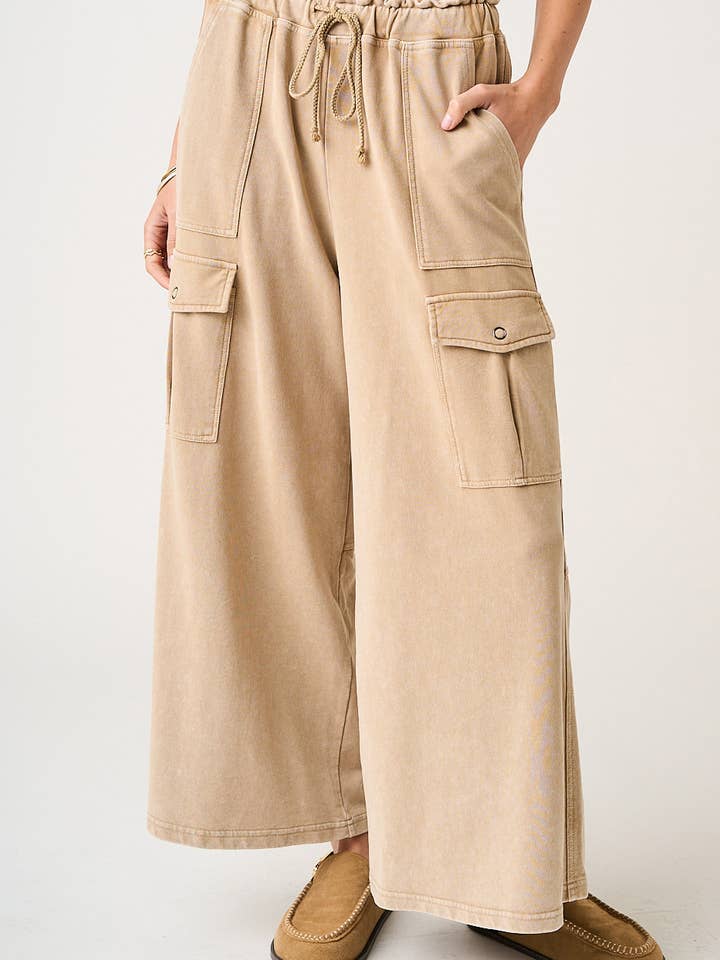 WASHED FRENCH TERRY CARGO ELASTIC WAIST WIDE LEG PANTS for wholesale by mittoshop