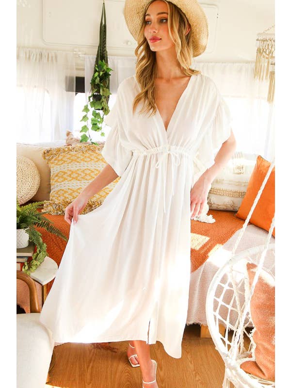 Vine & Love - Wholesale Dress - Women's - V-neck shirring flutter sleeve maxi dress VD810492