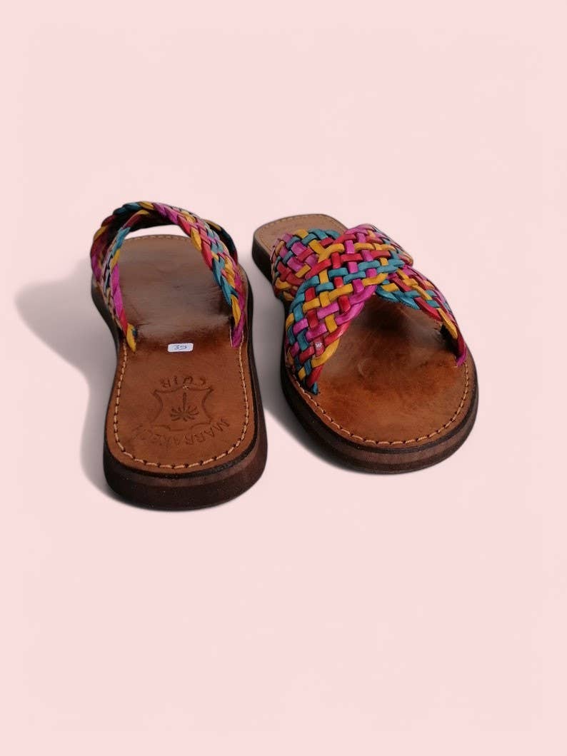 Melecraft - Vente Sandales – femme - Sandales en cuir tissées à la main – Brides tressées multicolores6