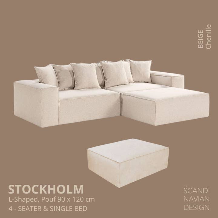 Stockholm L-Shaped sofa/single bed Chenille Beige removable & washable cover for wholesale on Faire
