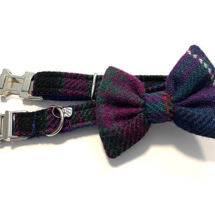(Lomond) Harris Tweed® Bow Tie Dog Collar & Lead Set - Purple & Blue Check for wholesale by BOWZOS