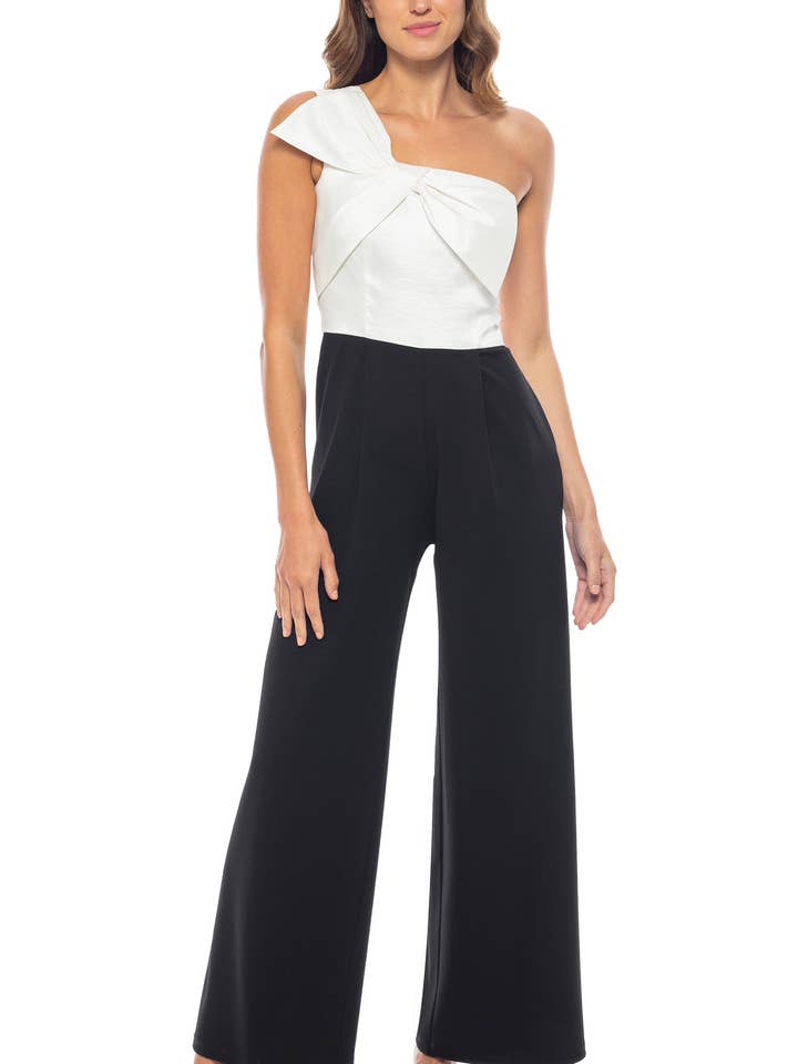 Marina One-Shoulder ärmelloser Crepe-Jumpsuit mit weitem Bein und Taffeta-Mieder für den Großhandel von Immediate Apparel
