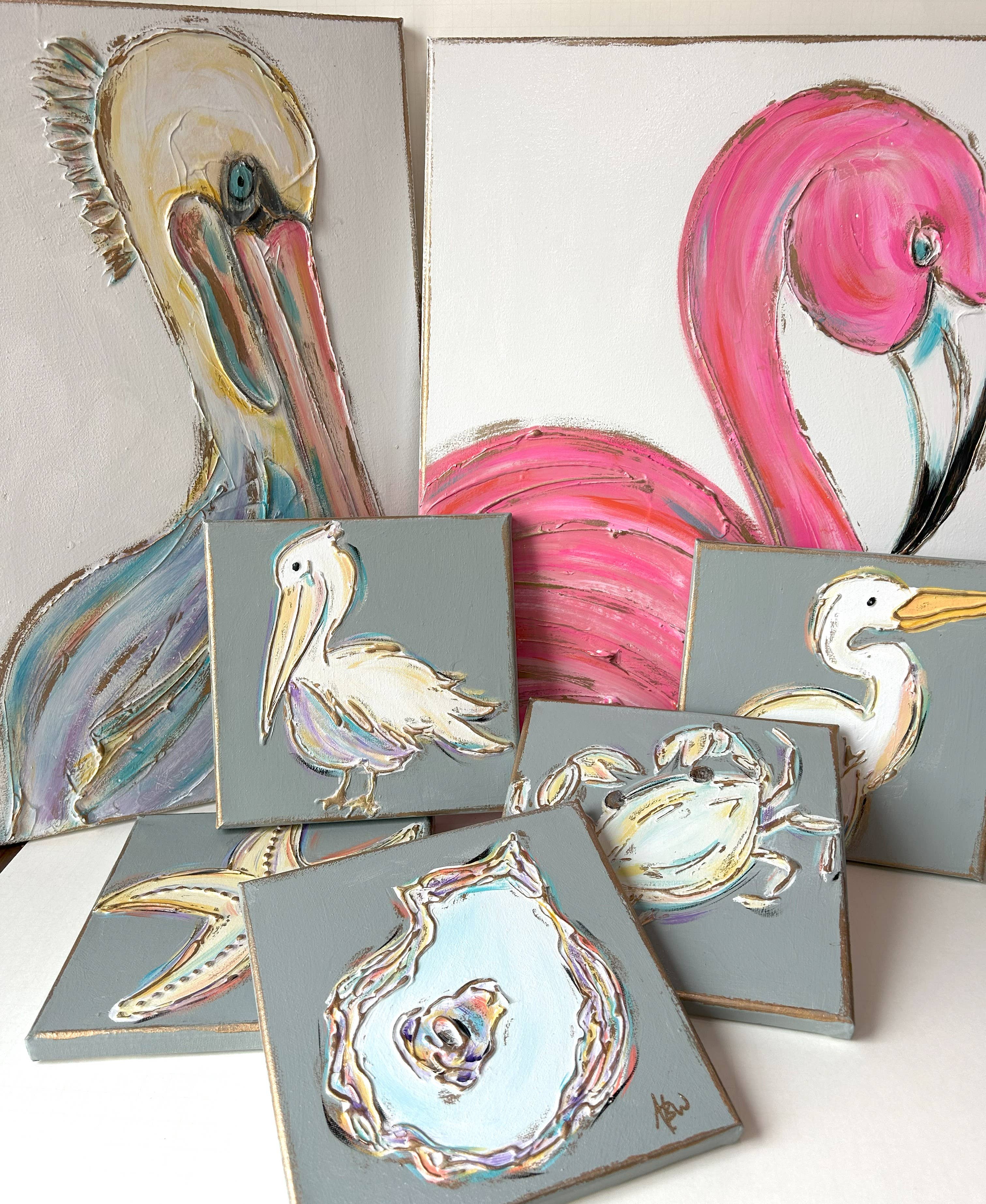 Coddiwomple - Vente Tableau/dessin - Toile d'art pélican texturée plage côtière tropicale1