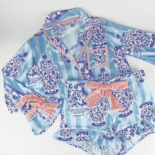 8 Oak Lane - Wholesale Sleepwear set – Women's - Ginger Jar Stripe Satin Ruffle Short PJ Set1