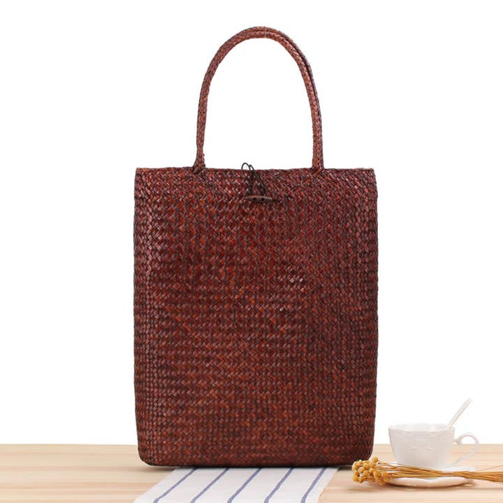 Superbia - Wholesale Tote Bag - Women's - Large Flat Vintage Tote Bag Straw Bag with Buttons Fastening