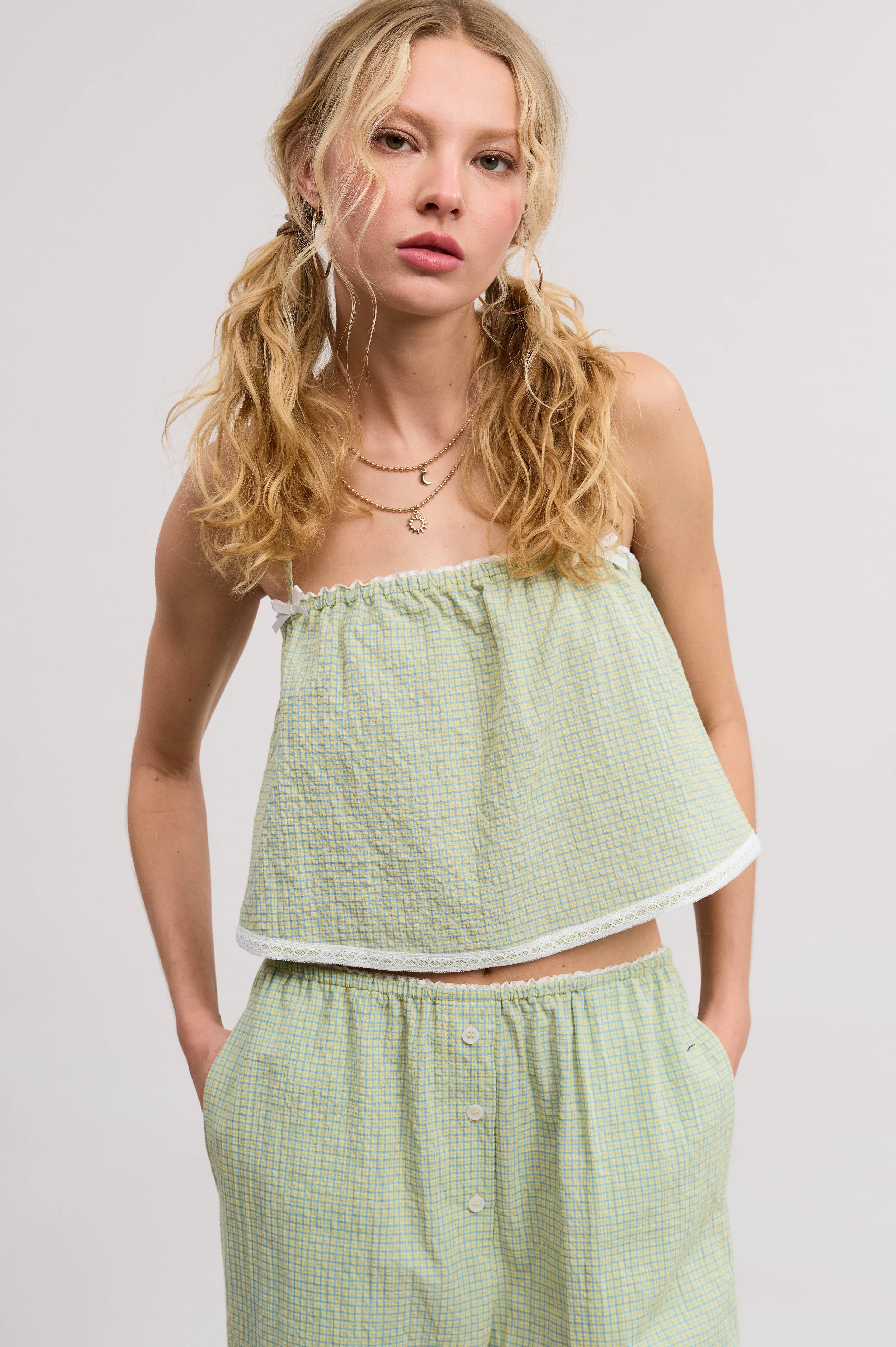 Mimosa - Wholesale Top & Pant Set (NOT Loungewear) - Women's - Plaid Lace Trim Tank and Pants Matching Set13