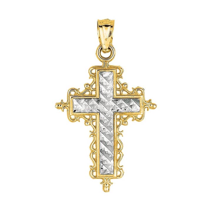 14K Yellow+White Gold Shiny Diamond Cut White Cross Pendant In Yellow Design for wholesale by The Diamond Deal