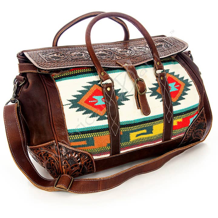 LC-ADBG643 Tooled Leather & Saddle Blanket Duffel Bag Western Travel Weekender by American Darling for wholesale by LS Western