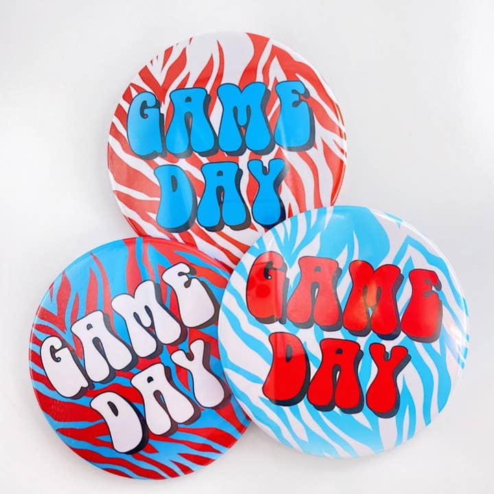 Blue & Red Zebra Game Day Button for wholesale by Tailgated Co.
