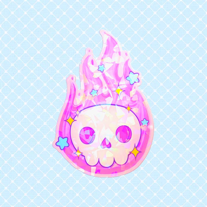Kawaii Witchy Fire Skull Holographic Die Cut Vinyl Sticker for wholesale by LooLooKazoo