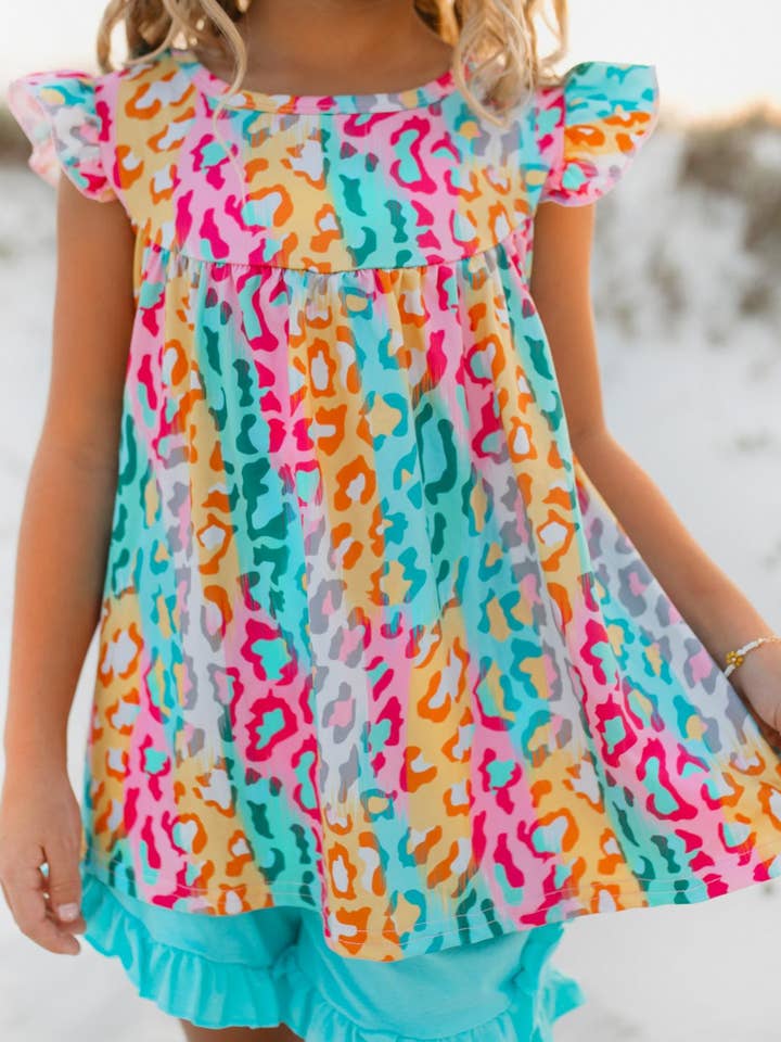 Kids Bright Rainbow Leopard Ruffle Spring Summer Short Set for wholesale by Adorable Sweetness