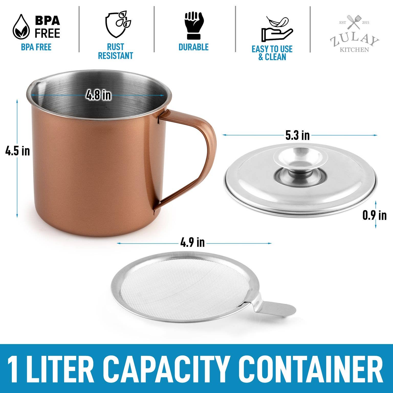 Zulay Kitchen - Wholesale Food Storage Container - Bacon Grease Container With Strainer & Lid - 1 Liter17