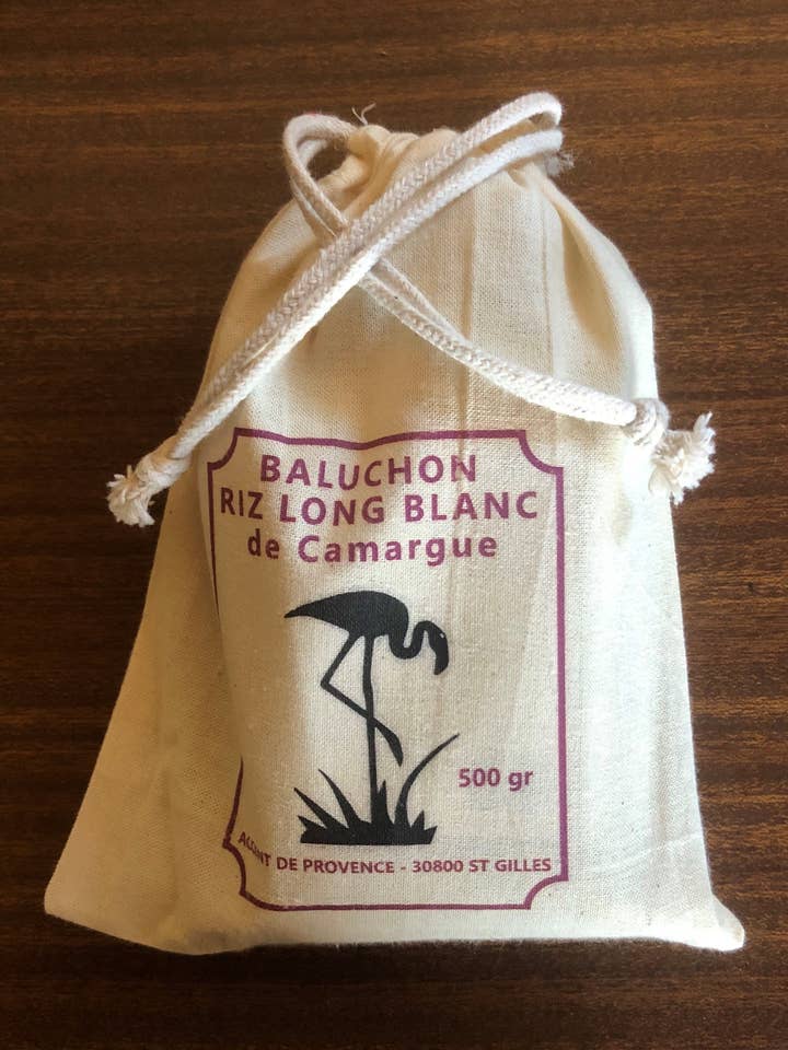 RISO BIANCO IGP CAMARGUE 500G FENICOTTERO NERO SACCHETTO COTONE BIOLOGICO per la vendita all'ingrosso da parte di ACCENT DE PROVENCE