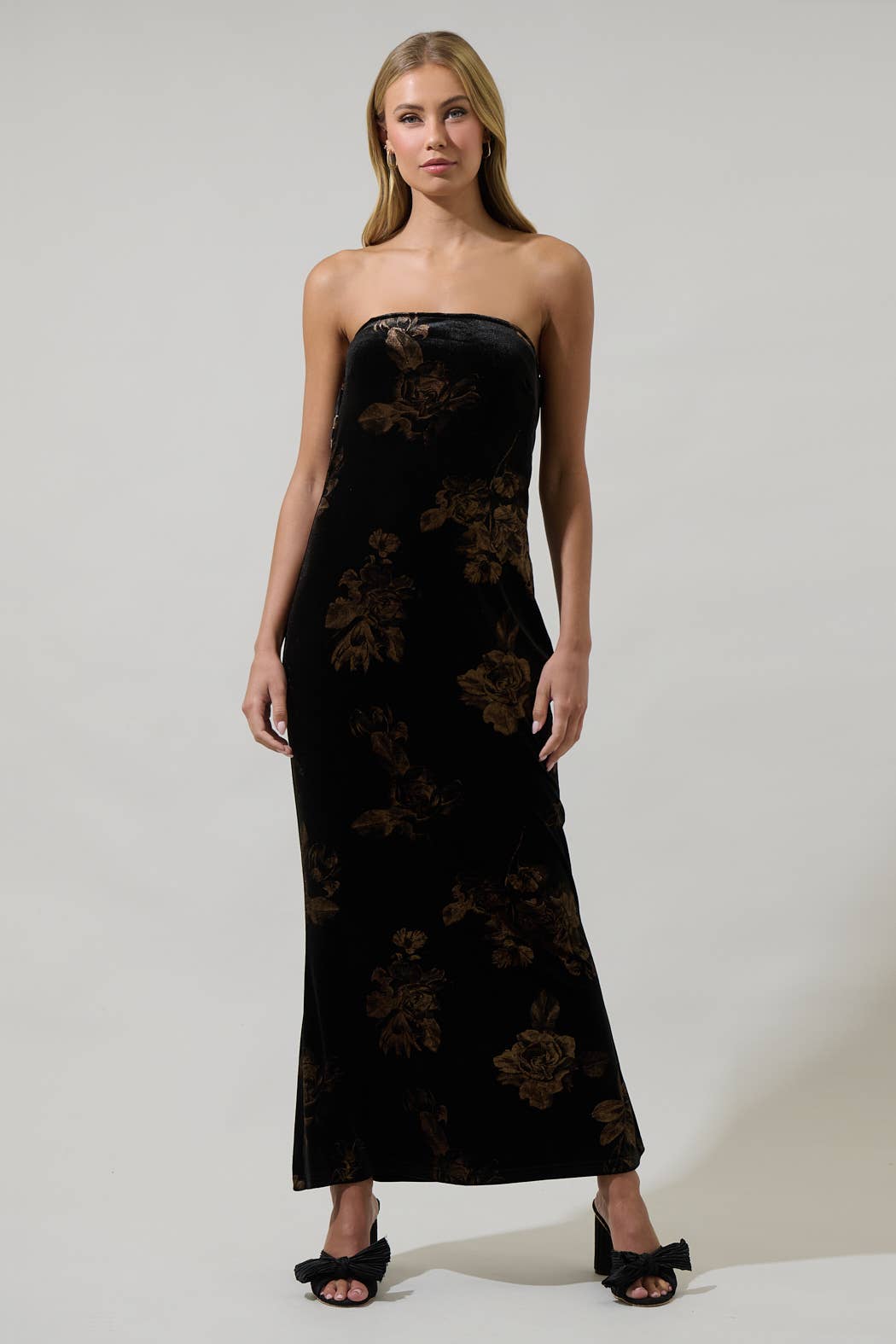 BLACK MULTI Ace Floral Dynamite Velvet Strapless Maxi Dress for wholesale on Faire1