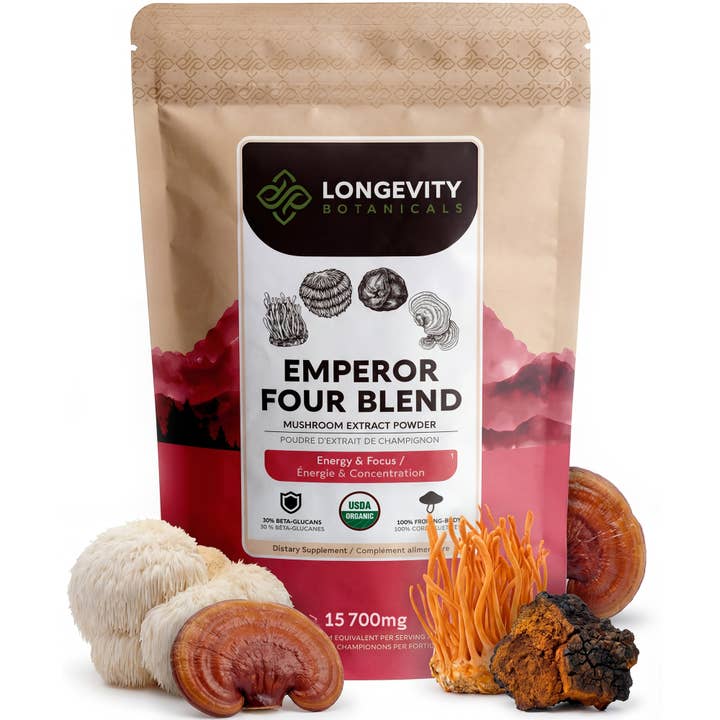 Organic Emperor 4 Blend Powder 100g: Mushroom Supplement for wholesale by Longevity Botanicals