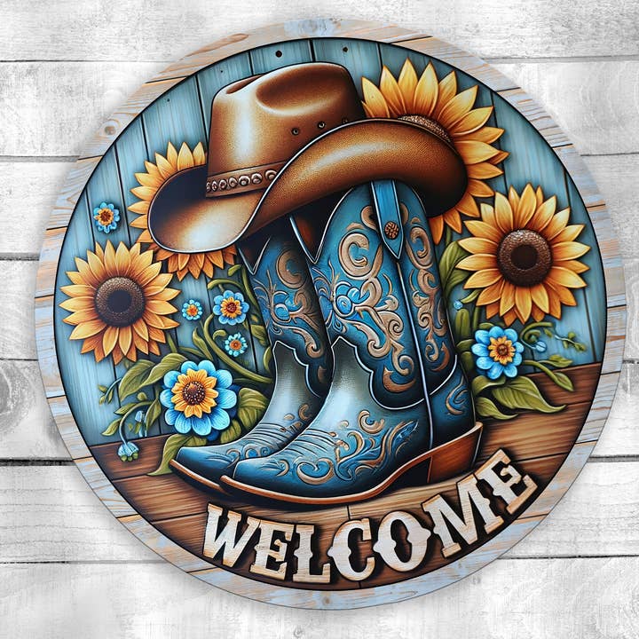 Bottes de cow-boy bleues UV Pendentif de porte en bois imprimé UV vibrant pour la vente par Kate's Blanks